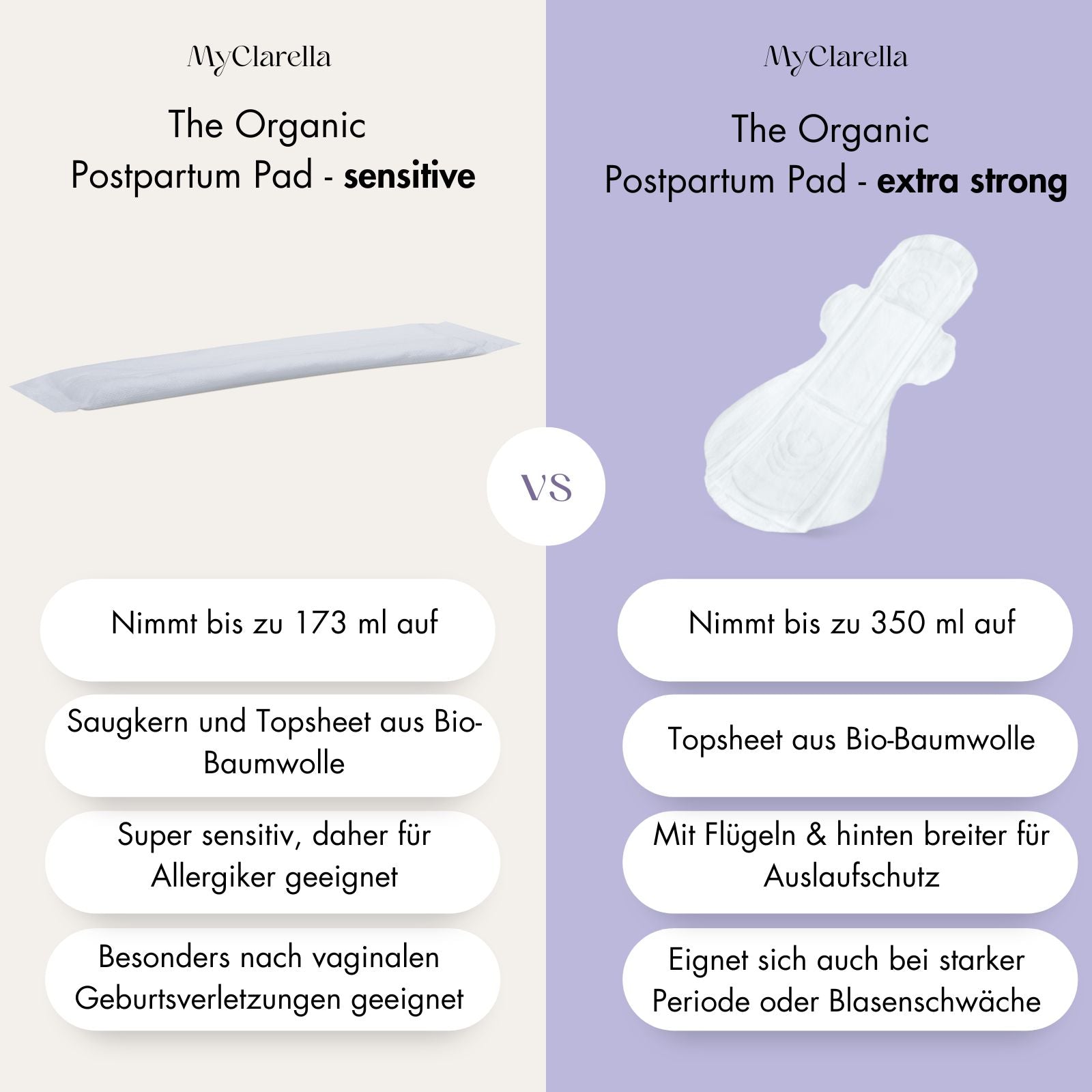  MyClarella The Organic Postpartum Pad extra strong im Vergleich zur MyClarella Wochenbetteinlagen 