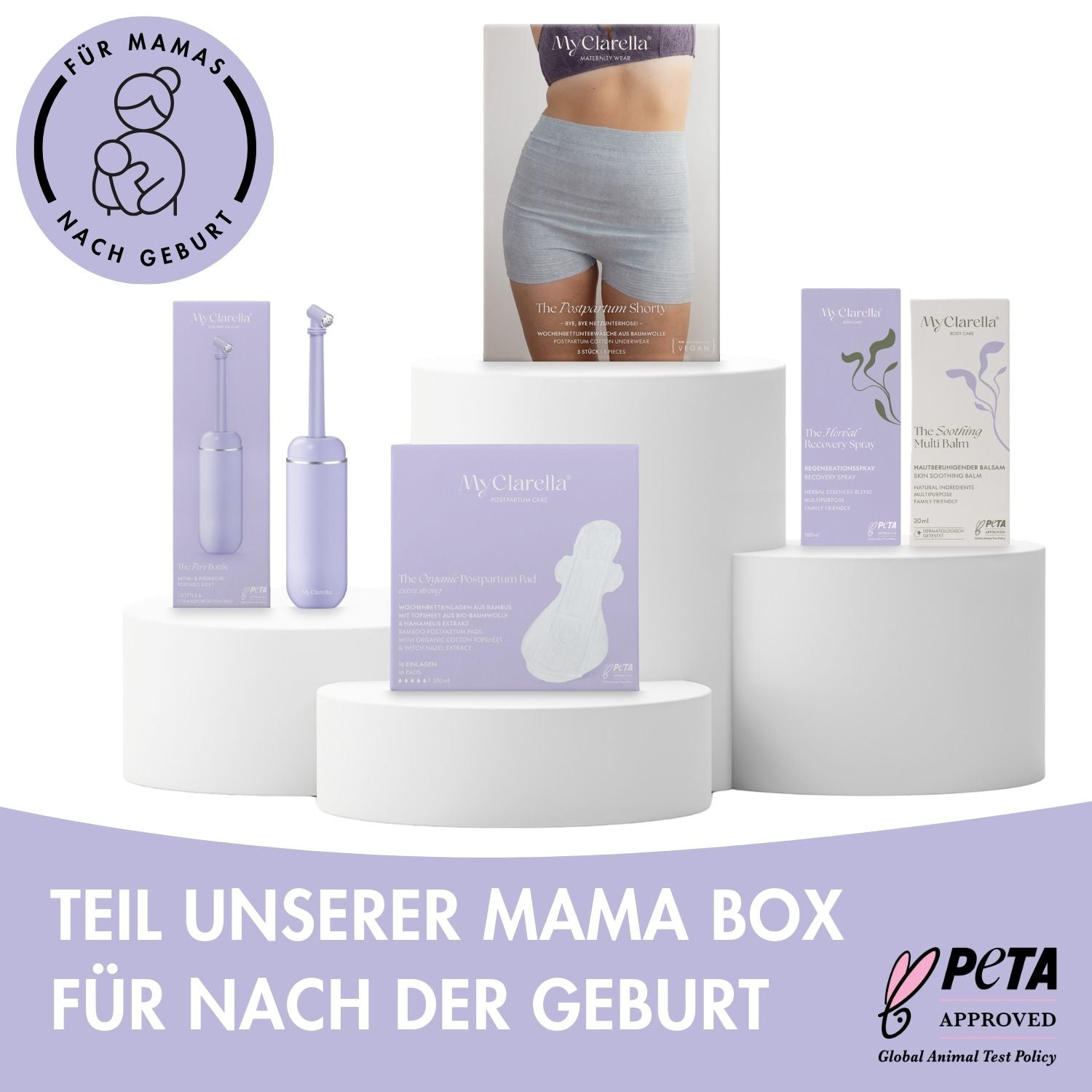 Intim - /Podusche - The Peri Bottle 380ml - MyClarella - Bild von allen Produkten im MyClarella Kit, die Box für Mamas nach der Geburt