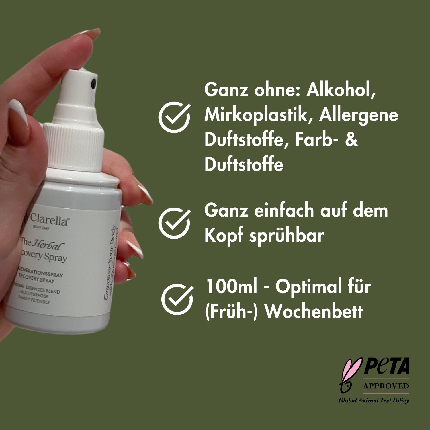 The Herbal Recovery Spray - Regenerationsspray / Intimpflege mit Calendula & Hamamelis - MyClarella - ohne Akohol, Mikroplastik, Allergene, Duftstoffe, Farb- & Duftstoffe, auf dem Kopf sprühbar, optimal für das Wochenbett, 100ml