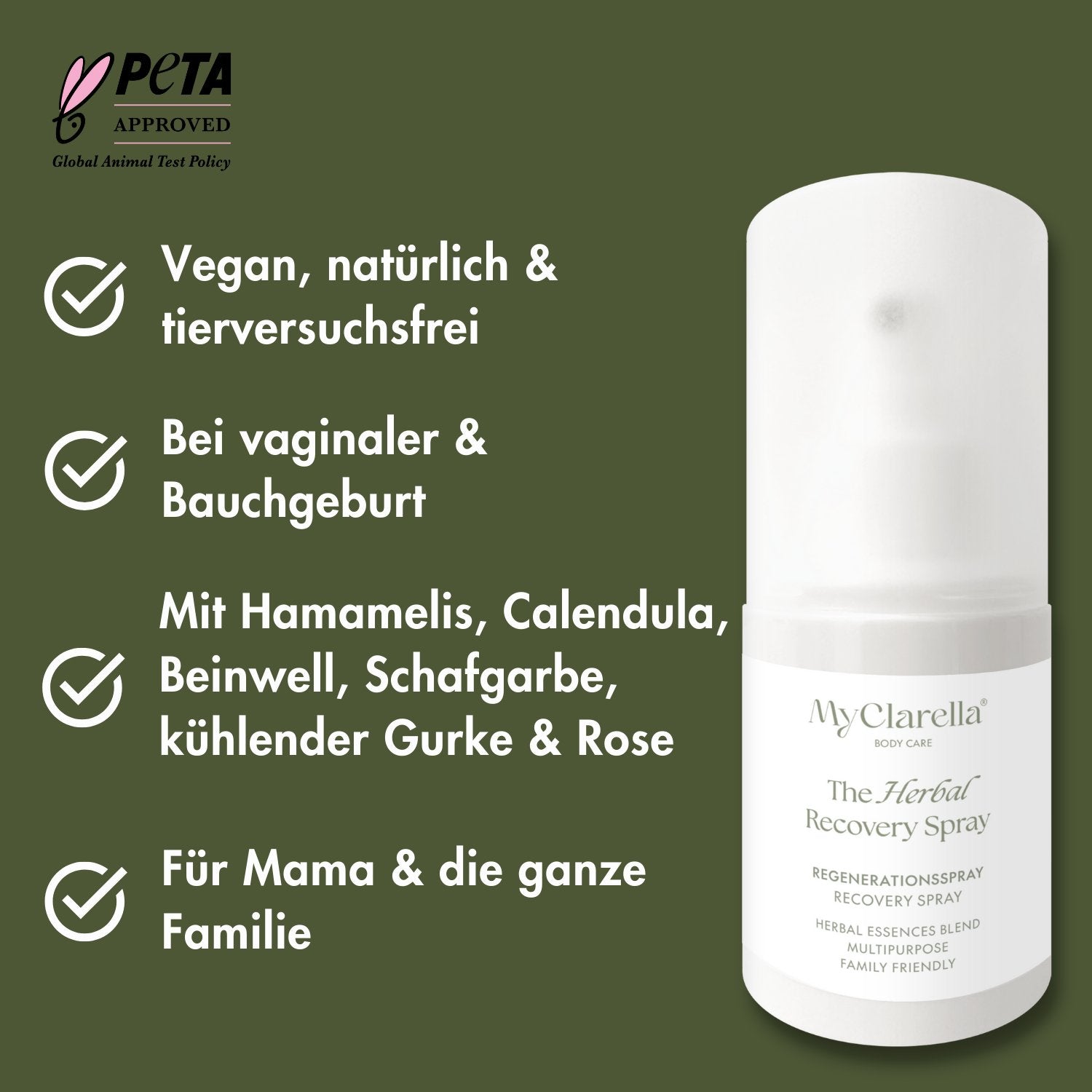 The Herbal Recovery Spray - Regenerationsspray / Intimpflege mit Calendula & Hamamelis - MyClarella - vegan, natürlich, tierversuchsfrei, bei vaginaler & Bauchgeburt, mit Hamamelis, Calendula, Beinwell, Schafgarbe, Gurke und Rose, für Mama und die ganze Familie