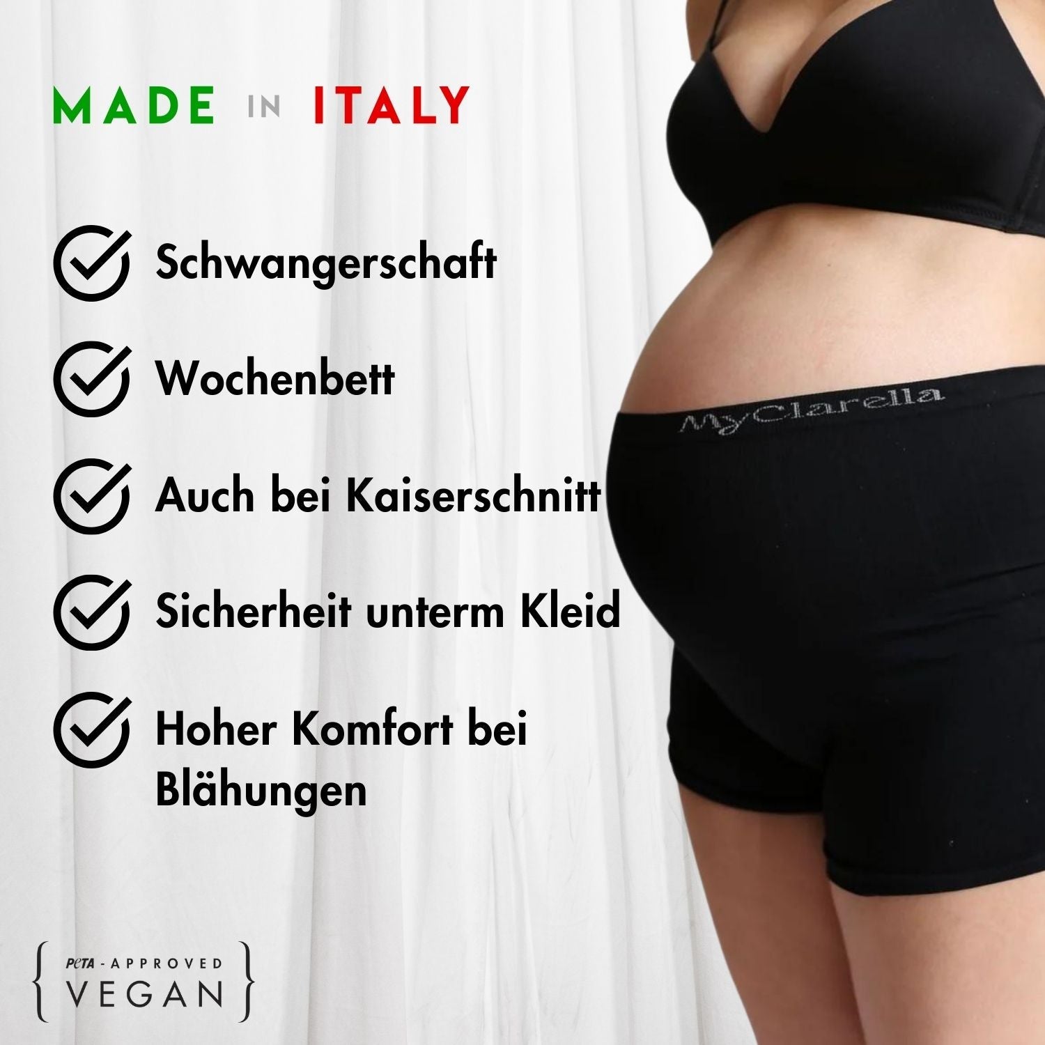 The Mama Panty - Postpartum Panty Unterwäsche von Schwangerschaft bis Wochenbett - MyClarella - schwangere Frau trägt Mama Panty. Von Schwangerschaft bis Wochenbett, auch bei Kaiserschnitt, Sicherheit unterm Kleid, hoher Komfort bei Blähungen, Made in Italy