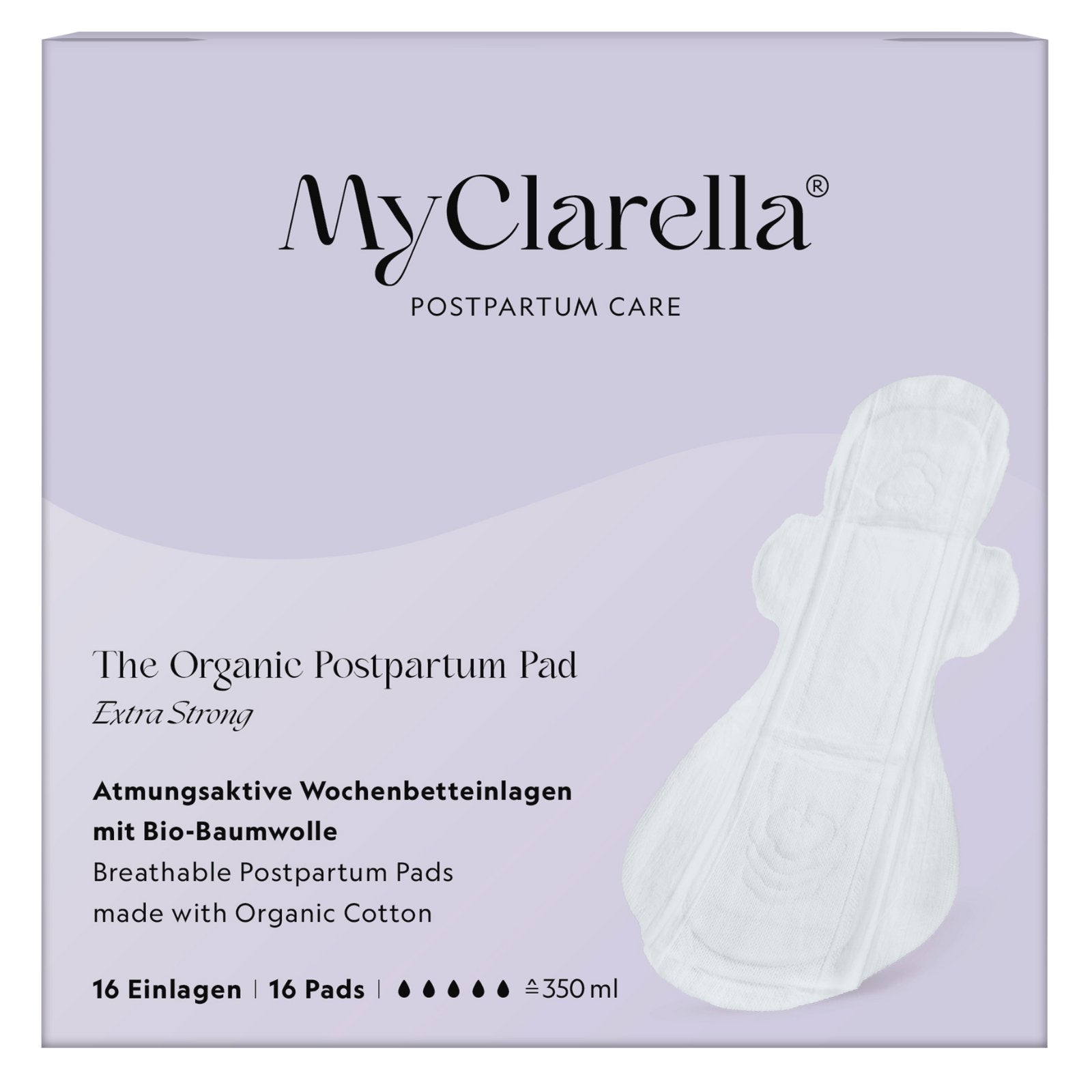 MyClarella The Organic Postpartum Pad - Extra Strong (16er Pack) - Verpackung mit Lila Design. Atmungsaktive Wochenbetteinlagen mit Bio-Baumwolle, 16 Einlagen mit 350 ml Saugfähigkeit. Abbildung einer weißen Einlage auf der rechten Seite.