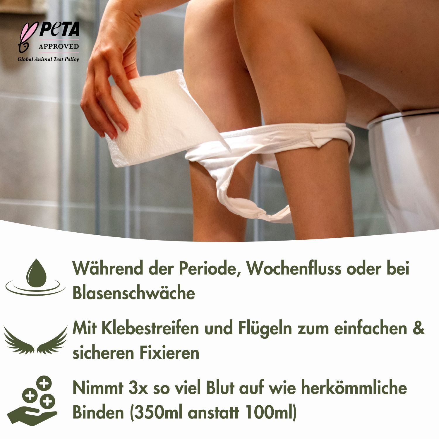 MyClarella The Organic Postpartum Pad - Extra Strong (16er Pack) - Anwendungsbild mit Beschreibung der Vorteile: für Periode, Wochenfluss und Blasenschwäche, mit Klebestreifen und Flügeln, mit Saugkraft von 350ml