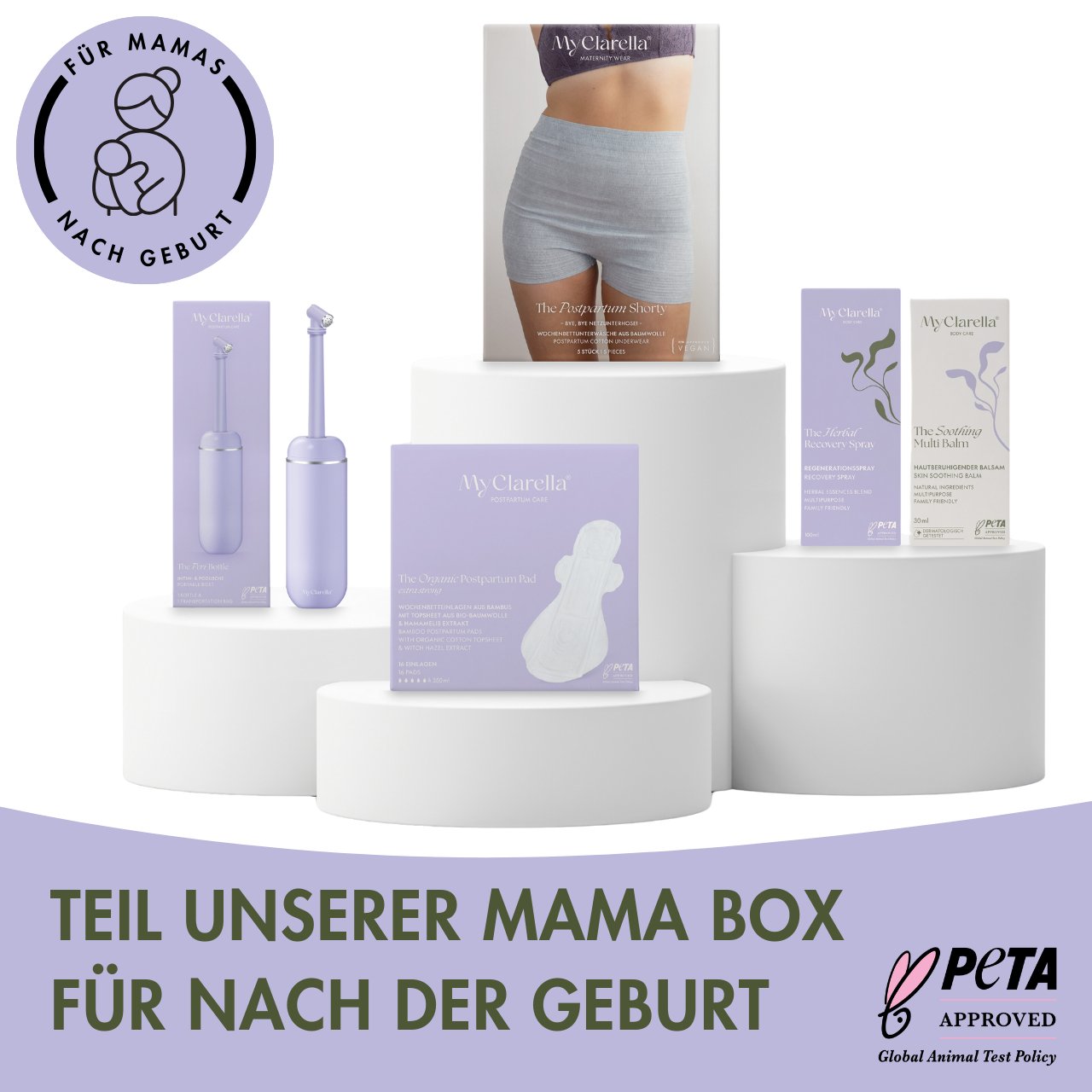 MyClarella Wochenbettbinde Extra Stark - (16er Pack) mit Hamamelis - Bild von allen Produkten im MyClarella Kit, die Box für Mamas nach der Geburt