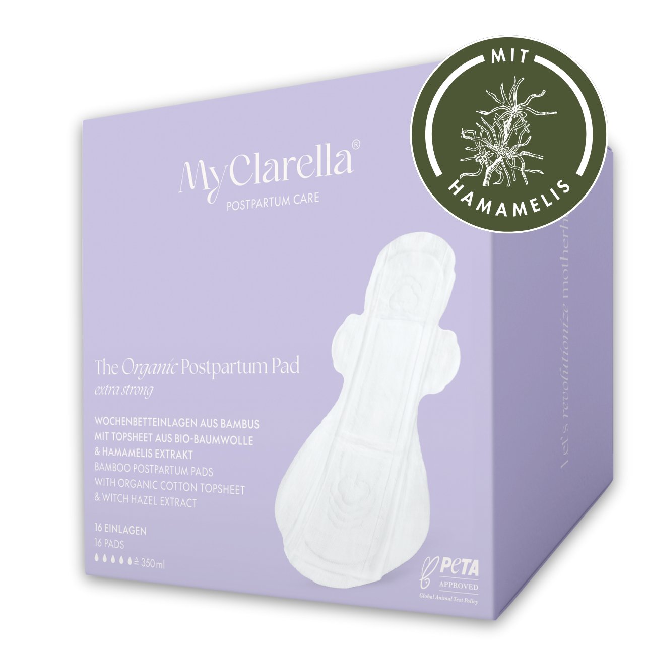 MyClarella Wochenbettbinde Extra Stark - (16er Pack) mit Hamamelis. Verpackung mit Lila Design und rechts oben Abbildung von Hamamelis. Atmungsaktive Wochenbetteinlagen mit Bio-Baumwolle, 16 Einlagen mit 350 ml Saugfähigkeit. Abbildung einer weißen Einlage auf der rechten Seite. 