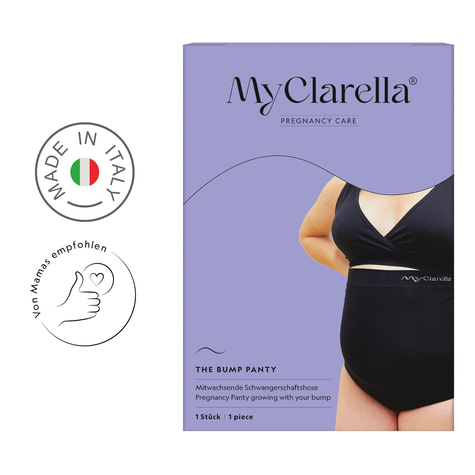 The Bump Panty - Mitwachsende Schwangerschaftsunterwäsche - MyClarella - Verpackungsbild - Made in Italy und von Mamas empfohlen