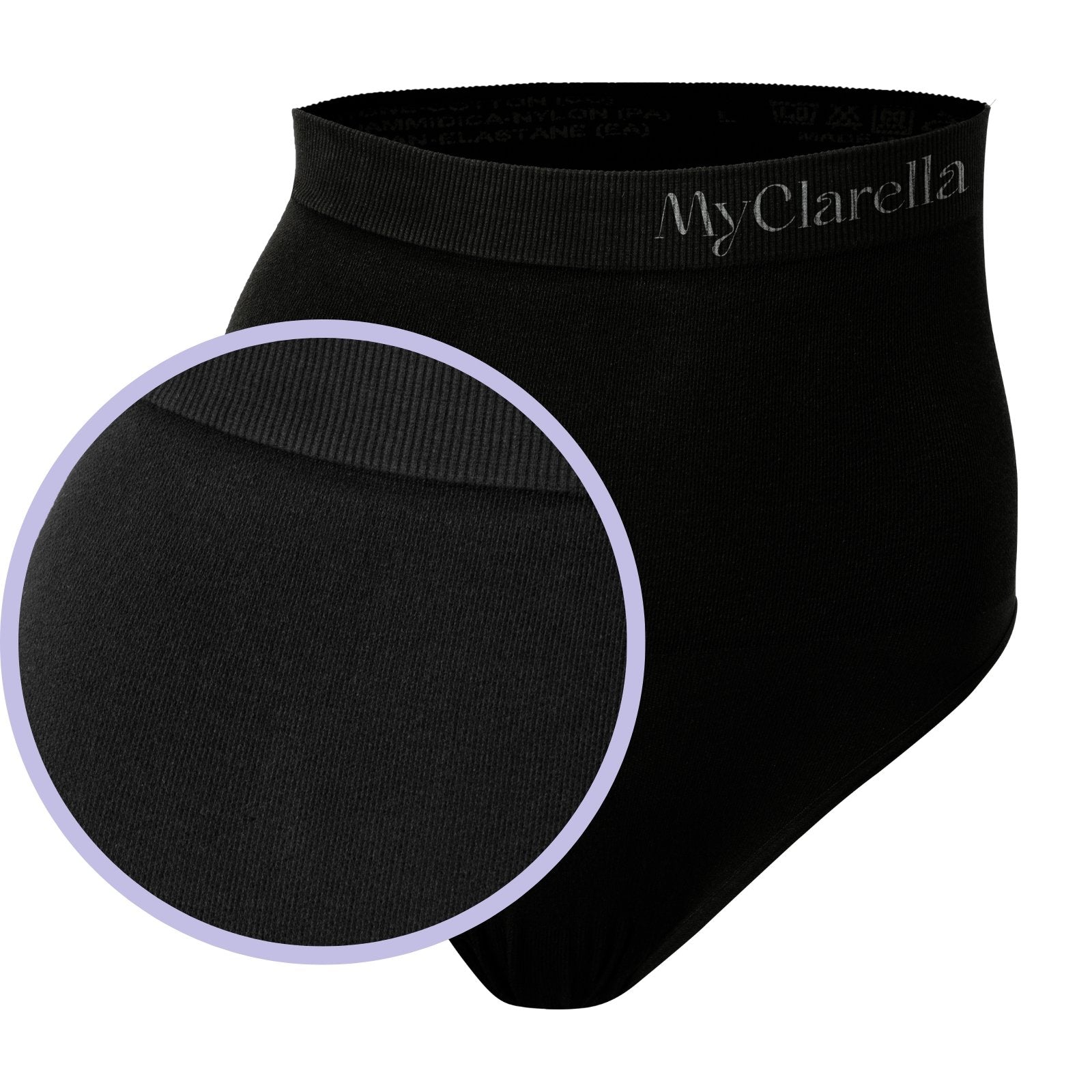 The Support Panty - Wochenbett - Unterwäsche - MyClarella - Produktbild schwarze Support Panty auf weißem Hintergrund mit MyClarella Schriftzug auf dem Bund und Nahaufnahme der Struktur der Panty.