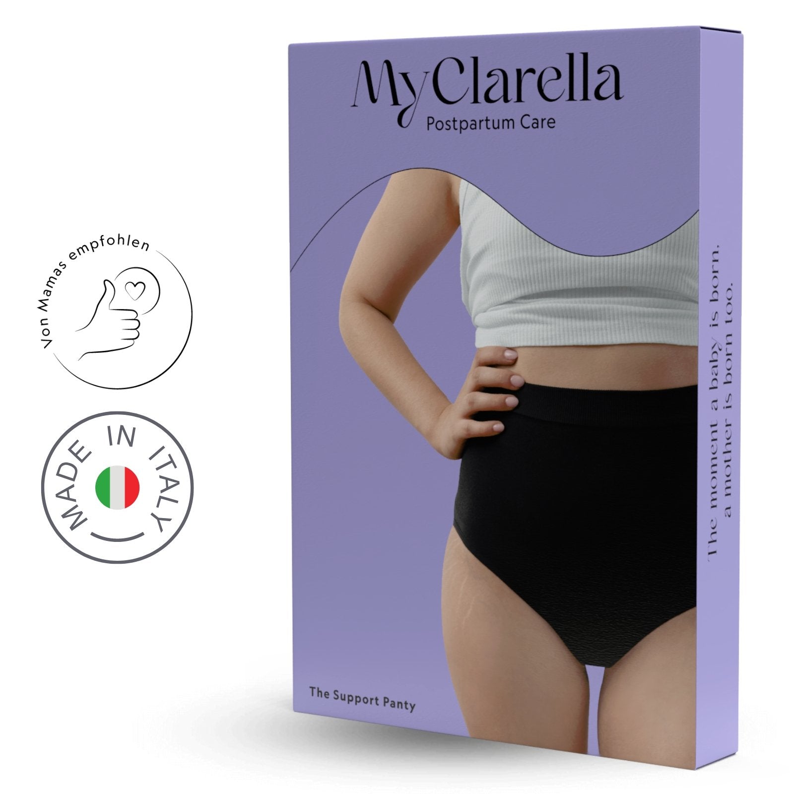 The Support Panty - Wochenbett - Unterwäsche - MyClarella - Lila Umverpackung der Support Panty auf weißem Hintergrund. Links steht, dass die Panty von Mamas empfohlen wird und Made in Italy.