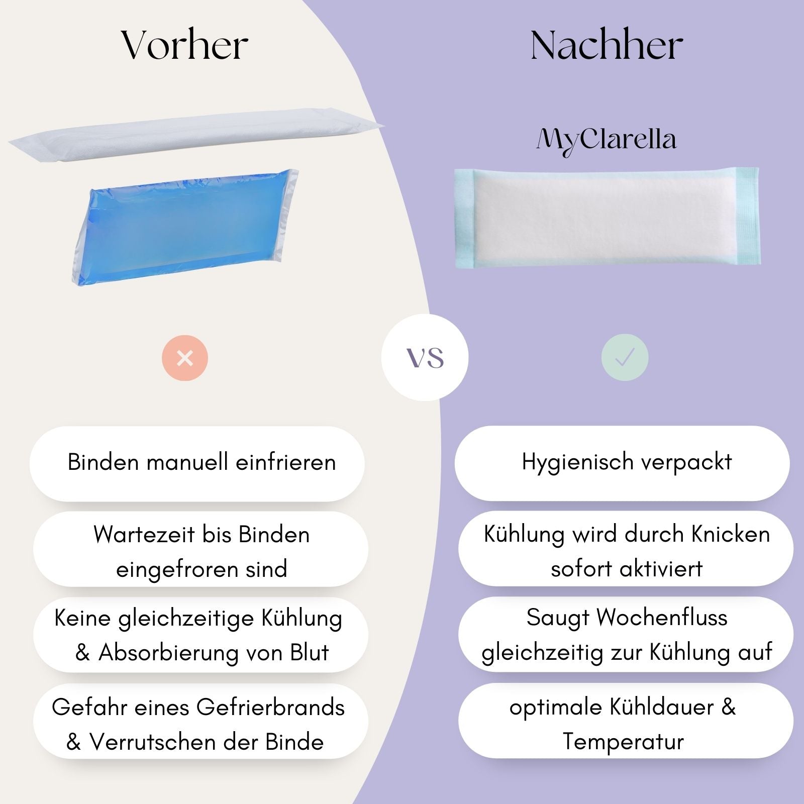 Wochenbett-Kühlbinden absorbierend & selbstkühlend (4er Pack) - MyClarella - Vergleich der MyClarella Kühlbinde zu herkömmlichen Kühlakkus in Kombination mit normaler Binde.