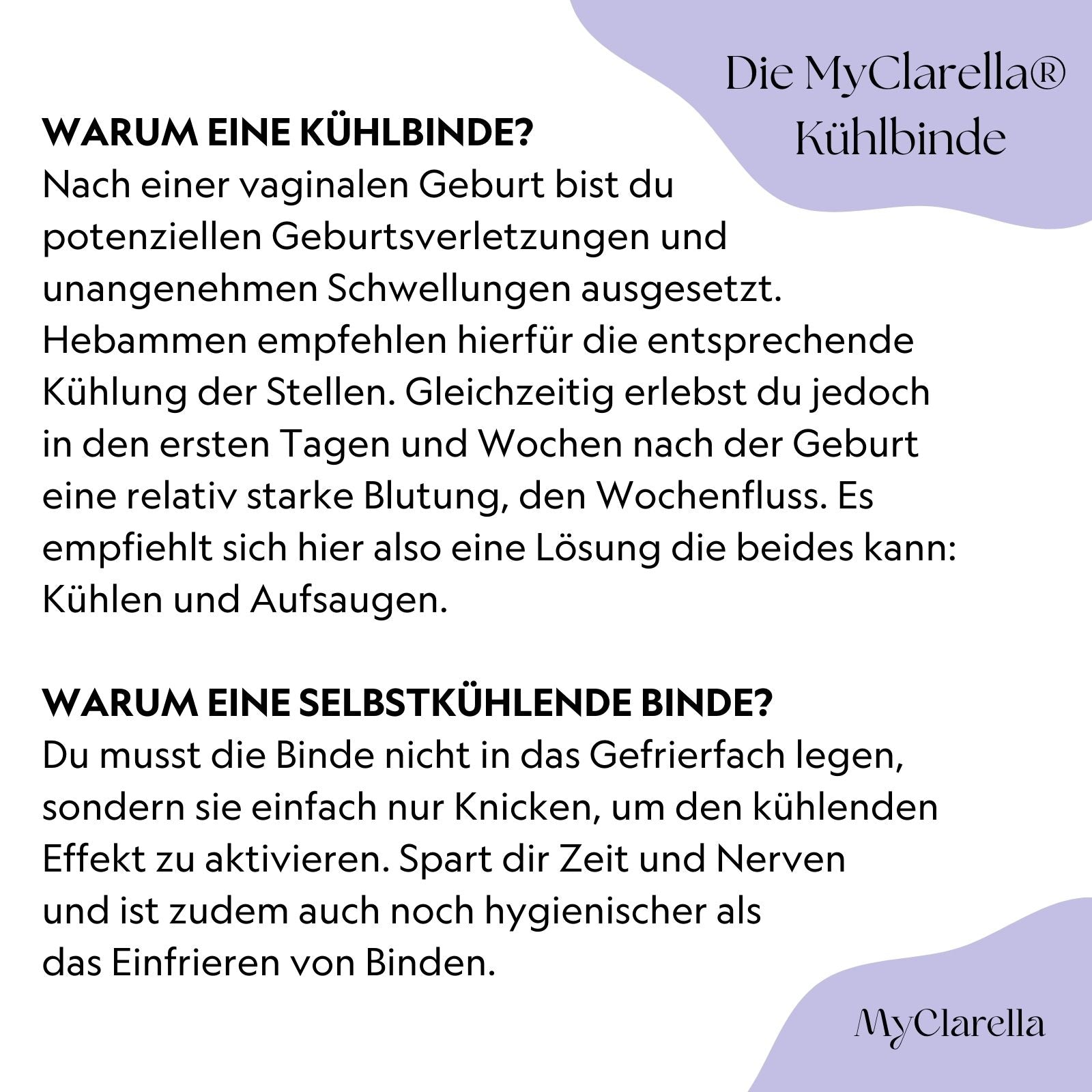 Wochenbett-Kühlbinden absorbierend & selbstkühlend (4er Pack) - MyClarella - Fragen und Aufklärung über die Kühlbinde.