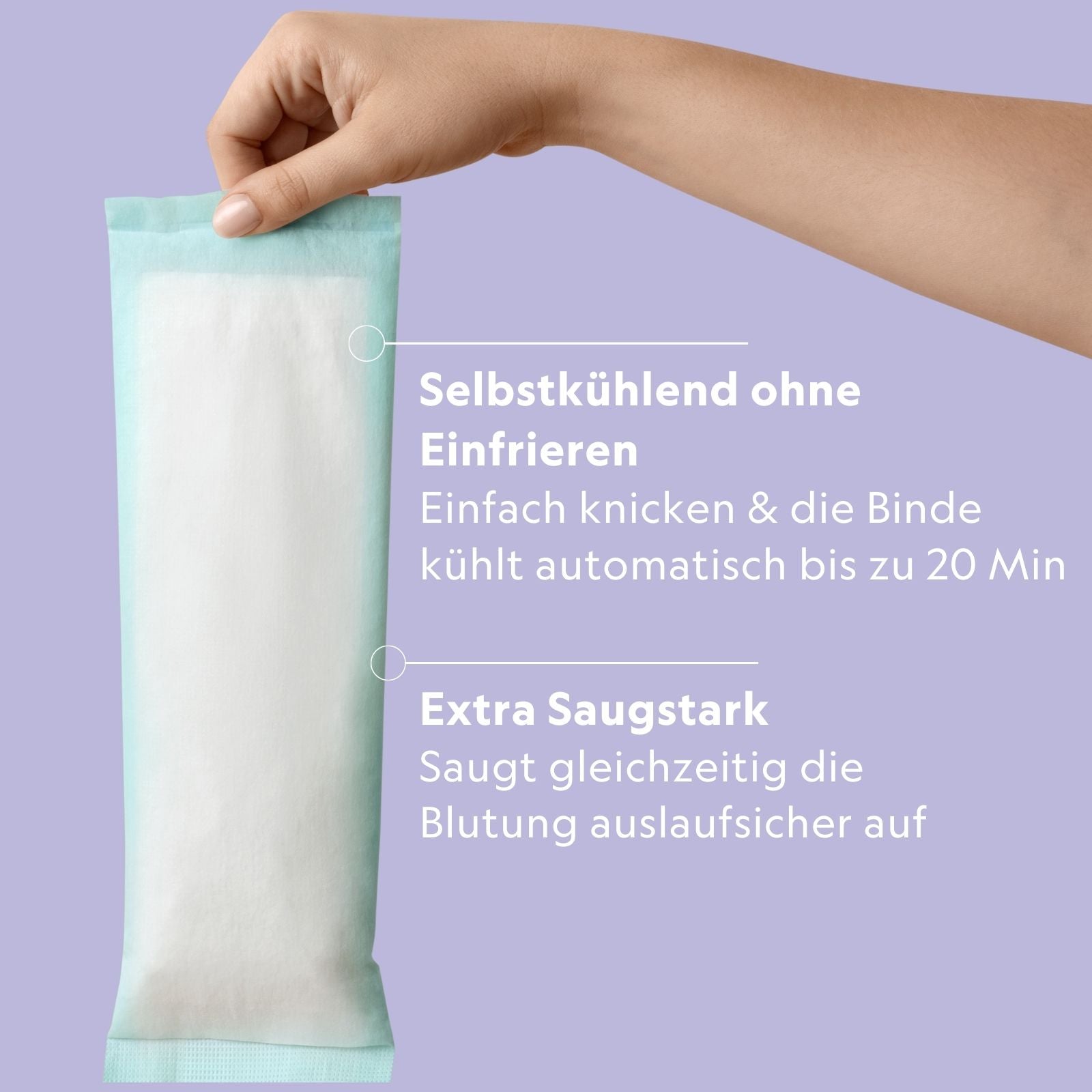 Wochenbett-Kühlbinden absorbierend & selbstkühlend (4er Pack) - MyClarella - Bild von Hand mit Kühlbinde auf lia. Hintergrund mit Schrift: Die Kühlbinde ist selbstkühlend ohne Einfrieren und extra saugstark.