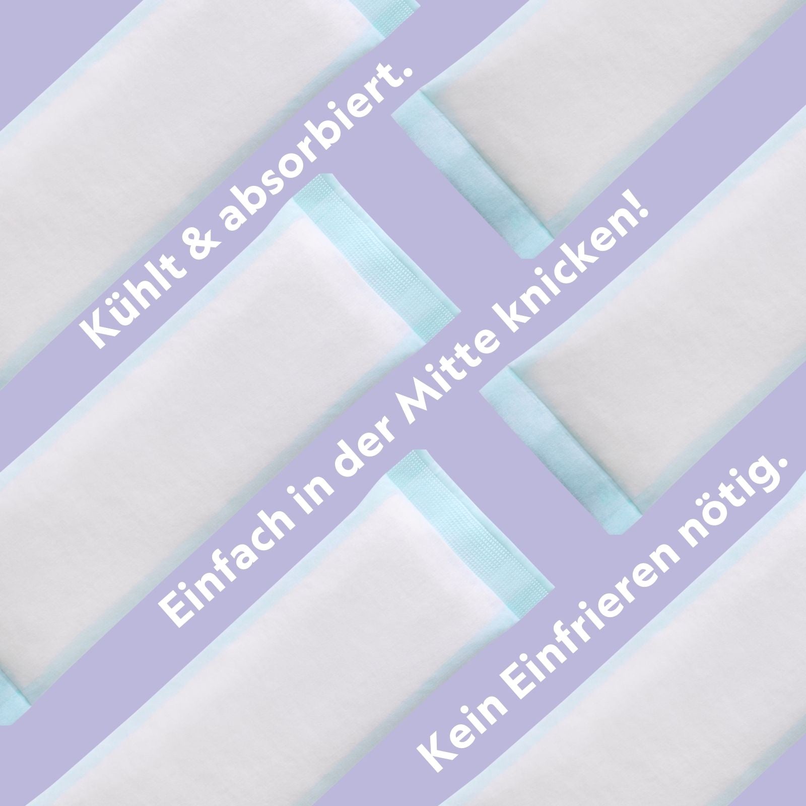 Wochenbett-Kühlbinden absorbierend & selbstkühlend (4er Pack) - MyClarella - Bild von den weißen Kühlbinden auf lila Hintergrund mit den Produktaussagen: Kühlt und absorbiert, einfach in der Mitte knicken, kein Einfrieren nötig.